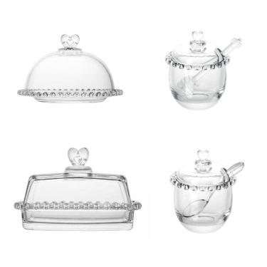 Imagem de Kit Queijeira + Manteigueira + Meleira + Açucareiro De Cristal Coração Lyor