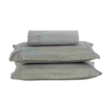 Imagem de Kit Colcha 3 Peças Queen Percal 300 Fios Bordado Inglês Home Paris - Verde