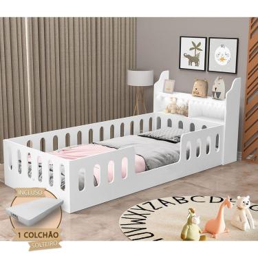 Imagem de Cama Cercadinho Infantil Mdf Helo Solteiro Com Colchão + Nicho E Led Branca Branco