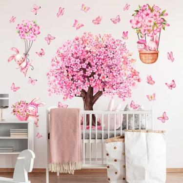 Imagem de Lilacanthara Decalques de parede de árvore de flor rosa grandes adesivos de parede de flor de cerejeira descascar e colar murais de parede de coelho borboleta rosa decoração para quarto de menina sala