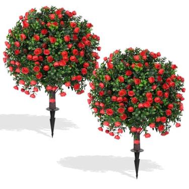 Imagem de EverNature Árvores de topiária de buxo artificial com rosa vermelha, 2 conjuntos de arbustos perenes falsos resistentes a UV com espigão no chão, plantas falsas para varanda e jardim ao ar livre