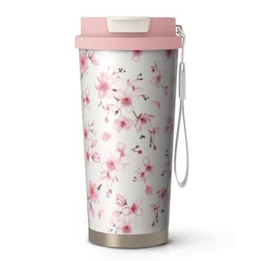 Imagem de syuwdsnm 530 ml Flores de cerejeira aço inoxidável isolado a vácuo caneca de viagem copo garrafa de água copo com palha, decoração de flores de cerejeira