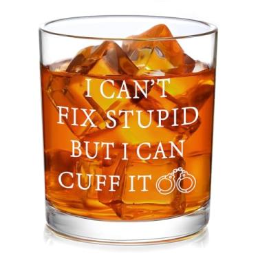 Imagem de Slugeren Presentes de polícia para homens - I Can't Fix Stupid But I Can Cuff It Copo de uísque 283 g, presentes de policial para ele, homens, amigos, colegas de trabalho, presente engraçado de