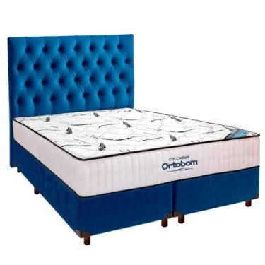 Imagem de Cama Box Azul + Colchão Queen High Foam Ortobom + Cabeceira