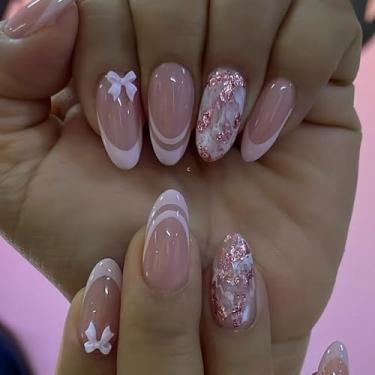 Imagem de Unhas postiças de amêndoa média rosa francesa com laço 3D simples com glitter Desien cobertura completa cola acrílica falsa em unha para mulheres, 24 peças