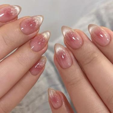 Imagem de Unhas postiças curtas médias amêndoas francesas olho de gato com cola acrílica simples Desien cobertura completa para unhas artificiais para manicure, 30 peças