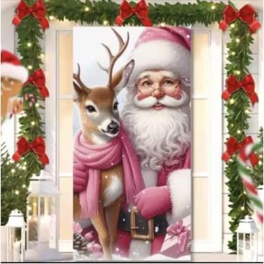 Imagem de Capa para Porta Feliz Natal Rosa com Elástico – Painel Decorativo Feliz Papai Noel Tecido Premiun (2,10 Cms X 0,85 Cms) (13)