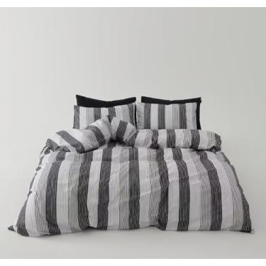Imagem de CLOTHKNOW Conjunto de edredom Queen listrado com 3 peças, preto e branco, de algodão, para todas as estações, Farmhosue com 2 fronhas