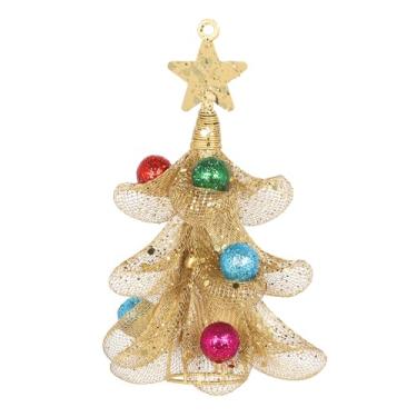 Imagem de XMIAOX Mini árvore de Natal de metal, enfeite de mesa de malha de arame feito à mão de 15 cm com topo de árvore de estrela e bolas coloridas de glitter, decoração de férias cintilante para mesa
