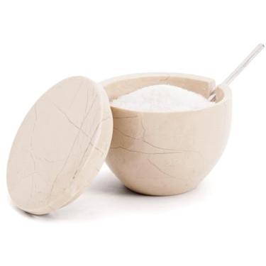 Imagem de MARBLOUS KRAFTS Saleiro de mármore Verona com tampa e colher Recipiente de sal de 7,6 x 10,6 cm para bancada, tigela de sal e pimenta de mármore com tampa