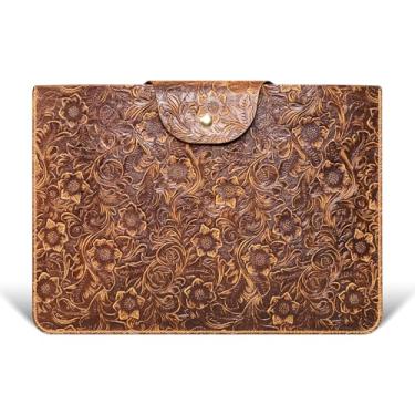 Imagem de cpnvwa Capa de couro genuíno para laptop, compatível com MacBook Pro 14 polegadas M4 M3 M2 M1 Pro/Max, capa protetora vintage para computador com estampa floral, marrom