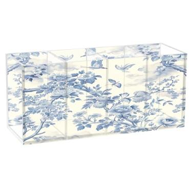 Imagem de SEHANY Lindo porta-canetas de acrílico com flores em aquarela, pássaro, 4 compartimentos, porta-lápis transparente, organizador de pincéis de maquiagem, organizador de papelaria para escritório, casa