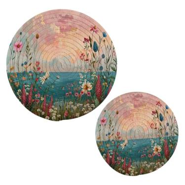 Imagem de Blueangle 2 peças de suporte de panela de flores silvestres - conjunto de pegadores de panela de tecido redondo - almofadas quentes trançadas de algodão - porta-copos - tapetes de mesa para cozinhar e