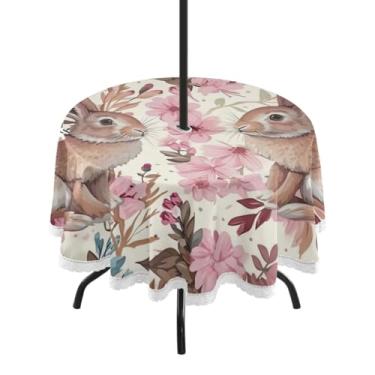 Imagem de ATTX Toalha de mesa redonda Coelhinho da Páscoa ao ar livre – 155 cm, impermeável, à prova de derramamento, uso interno/externo, com orifício para guarda-chuva com zíper para acampamento, piquenique