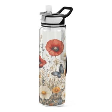 Imagem de ATTX Garrafa de água vintage de flores silvestres, 947 ml, à prova de vazamento e livre de BPA, garrafas de água reutilizáveis de plástico Tritan para viagem, academia, corrida #219