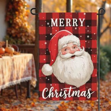 Imagem de Merry Christmas, bandeira de jardim de Papai Noel, decorações de férias de inverno, vermelho, búfalo, xadrez, gramado, jardim, bandeiras, para fora de casa, casa de fazenda, quintal, decoração de
