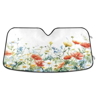 Imagem de ATTX Pára-brisas de carro colorido flores silvestres 134.6 cm x 59.7 cm Protetor solar universal com proteção UV, persiana de janela frontal automática dobrável para caminhões Sedans SUVs #575