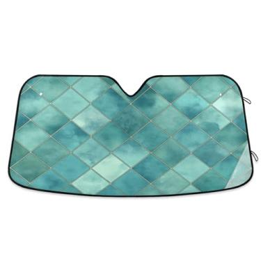 Imagem de ATTX Para-brisa de carro xadrez geométrico aquarela azul-petróleo 144.8 cm x 80.0 cm Escudo solar universal com proteção UV, persiana de janela frontal automática dobrável para Sedans SUVs caminhões