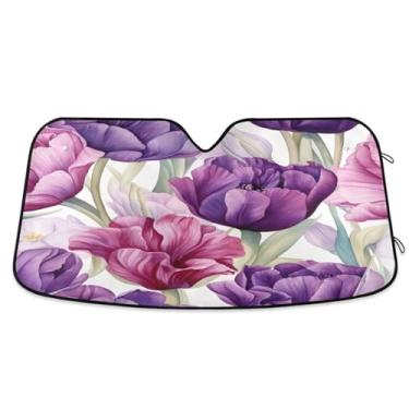 Imagem de ATTX Para-brisa de carro de tulipa roxa 139.7 cm x 70.1 cm Protetor solar universal com proteção UV, persiana de janela frontal automática dobrável para caminhões Sedans SUVs #667