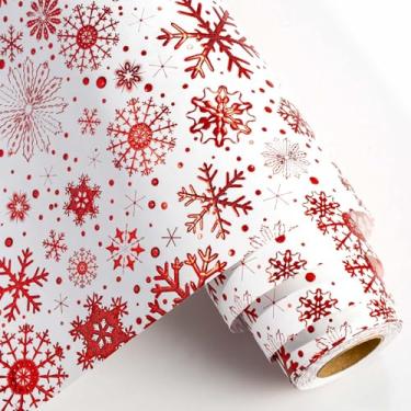Imagem de Yarcony Rolo de papel de embrulho de flocos de neve Kraft, papel de embrulho de Natal, elegante 3D em relevo vermelho festivo com tema de floco de neve para presente de Natal para férias, festa (43 cm