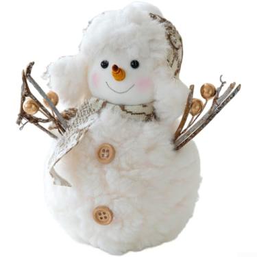 Imagem de Decoração de mesa de boneco de neve de tecido macio dourado fofo com design de pano branco encantador, ornamento festivo para prateleiras, cornijas e mesas