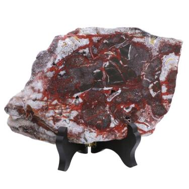 Imagem de Rockcloud Laje de ágata mexicana natural com suporte de madeira, amostra de fatia de ágata irregular para exibição de mesa de escritório em casa, 0,2 a 0,3 kg