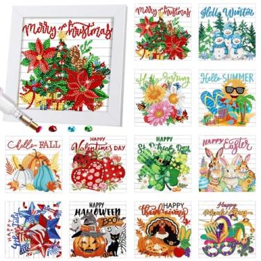Imagem de Trandraft 13 kits de pintura de diamante sazonal intercambiáveis para adultos, kits de calendário de arte de diamante 5D de Natal com moldura para decoração de mesa de Natal, inverno, férias, presente