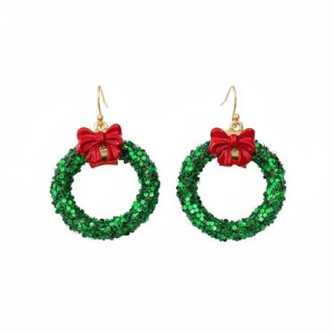 Imagem de Guirlanda de Natal de lantejoulas, laço vermelho, brincos de gancho pendurados para mulheres, guirlanda verde, círculo, redondo, Natal, Natal, Natal, Natal, enfeite fofo, brincos, brincos, joias