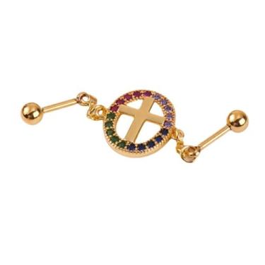 Imagem de Niaspi Brincos de barra industrial com cruz de zircônia cúbica de 16 g para mulheres, aço inoxidável, arco-íris, strass, círculo, correntes cruzadas, cartilagem, hélice, brincos industriais, joias de