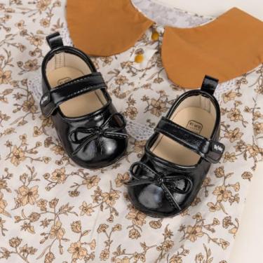 Imagem de Sapatilhas Mary Jane para bebês meninas com laço couro PU antiderrapante sola macia sapatos de casamento princesa primeiro andador, Preto, 12-18 Months Toddler