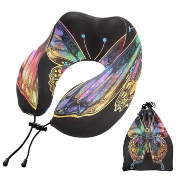 Imagem de CEBUGI Travesseiros de viagem portáteis em forma de U, travesseiro de pescoço de espuma viscoelástica com trava de corda ajustável para avião, viagem, trem, negócios, escritório, soneca (borboleta)