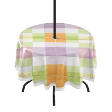Imagem de CEBUGI Toalha de mesa redonda para uso externo, colorido, quadriculado, impermeável, com furo Umberlla, capa de mesa lavável para pátio, cozinha, sala de jantar, 152 cm
