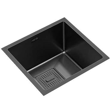 Imagem de PVXMQFFA Pia de cozinha de aço inoxidável tigela única preta nano grossa pia artesanal mini quadrada cozinha varanda pequena pia única bacia vegetal sob balcão (cor: preto, tamanho: 46 * 43 cm)