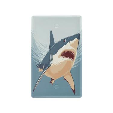 Imagem de Wassud Tubarão de boca aberta (2) placa de cobertura de interruptor de luz, 1 capa de tomada em branco placa de parede decorativa decoração de casa sala de estar quarto