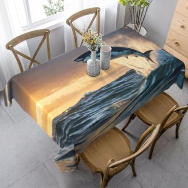 Imagem de ZTPOWQA Toalha de mesa de jantar azul com estampa de tubarão 89 x 139 cm, retangular, impermeável, reutilizável, festa de jantar