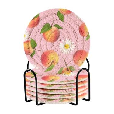 Imagem de SEHANY Conjunto de 6 porta-copos rosa pêssegos com suporte, porta-copos redondos absorventes de algodão resistente ao calor para mesa de jantar, canecas de café, proteção de copos, 10 cm