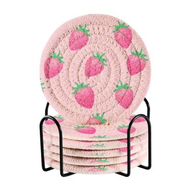 Imagem de SEHANY Conjunto de 6 porta-copos fofos de morango com suporte, porta-copos redondos absorventes de algodão resistente ao calor para mesa de jantar, canecas de café, proteção de copos, 10 cm