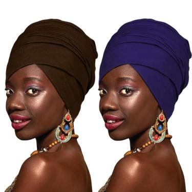 Imagem de GERTURY 2 peças elásticas para mulheres negras, cachecol de turbante leve para cabelo feminino, Marrom + azul marinho, 1 Count (Pack of 2)