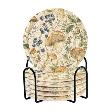 Imagem de SEHANY Conjunto de 6 porta-copos de cogumelos florestais com suporte, porta-copos redondos absorventes de algodão resistente ao calor para mesa de jantar, canecas de café, 10 cm