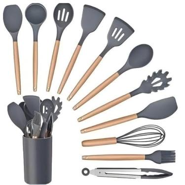 Imagem de Kit Utensílios de Cozinha Silicone e Bambu 12 Peças Antiaderente Resistente ao Calor – Colher, Espátula, Concha e Pincel Gourmet(Cinze)