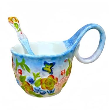 Imagem de Windefun Tigela de sopa de 500 ml segura para micro-ondas, tigela de cereais de cerâmica pintada à mão com alça de laço para sopa, iogurte, lanche, batata frita, ensopado, sorvete (flor borboleta amor