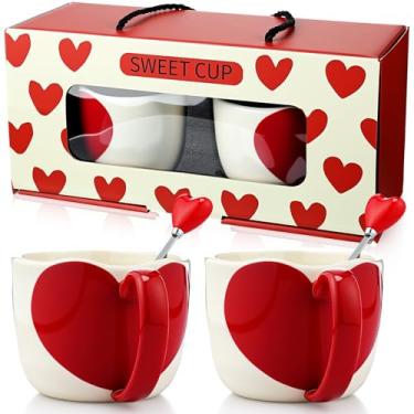 Imagem de Skylety Conjunto de 2 canecas de café do dia dos namorados com colher 340 g canecas de café de cerâmica grande em forma de coração com alça presente de dia dos namorados para casais, namorado e