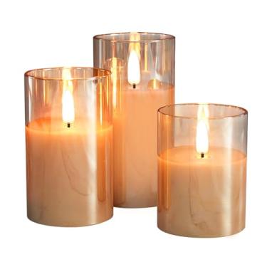 Imagem de NICE POINT Conjunto de 3 velas LED recarregáveis com controle remoto, velas de vidro dourado sem chama, luzes de vela para decoração de casa, quarto, acessórios de banheiro, velas falsas de abóbora