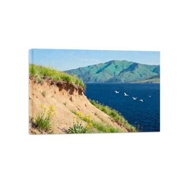 Imagem de BMZFYBS Tela de paisagem de arte de parede - pássaros do lago da montanha - impressões de pintura de decoração moderna para sala de estar pronta para pendurar tela embrulhada 60x90cm24x35in