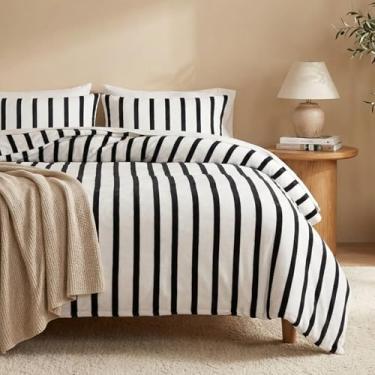 Imagem de Bedbay Conjunto de edredom Queen listrado de veludo macio, 3 peças, estampa de listras pretas e brancas, conjunto de cama queen size para todas as estações