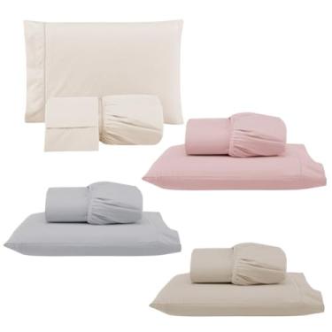 Imagem de Kit 4 Jogos de Lençol com Elástico e Fronha Bordada em Ponto Palito, 1 Casal Queen 198x158x35cm e 3 Solteiros 188x88x30cm (4 Jogos Versat(Queen:Palha e Solteiros:Cinza/Rosê/Cáqui))