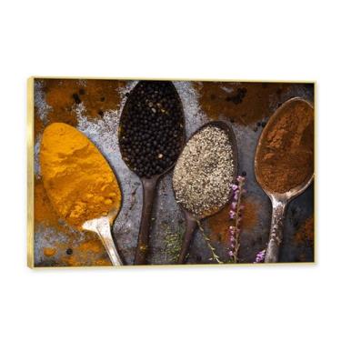 Imagem de Moldura dourada. Arte de parede em tela de especiarias coloridas e colher de tempero | Decoração de cozinha vintage | Arte moderna para casa e sala de jantar. B47. 80 x 120 cm - 31,5 x 47,3 pol