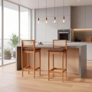 Imagem de Kit 2 Banquetas Assento Encosto Estofado em Linho Hellen cor:mel com l