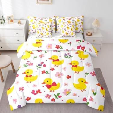 Imagem de Erosebridal Jogo de cama com estampa de pato amarelo, 7 peças, para crianças, casa de fazenda, floral, jardim, botânico, folhas, flores, conjunto de lençol com edredom