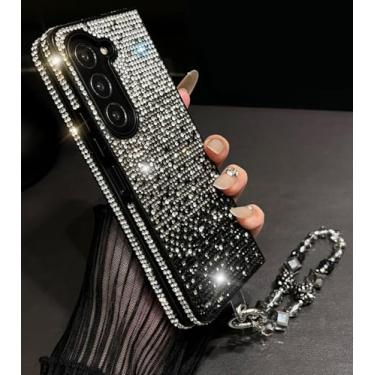 Imagem de SupShop Capa para Samsung Galaxy Z Fold 7 Bling Luxuosa Glitter Diamante Brilhante Strass Linda Pedra Preciosa Fina Linda Capa de Telemóvel com Alça de Pulso de Cristal para Mulheres Femininas, Preta